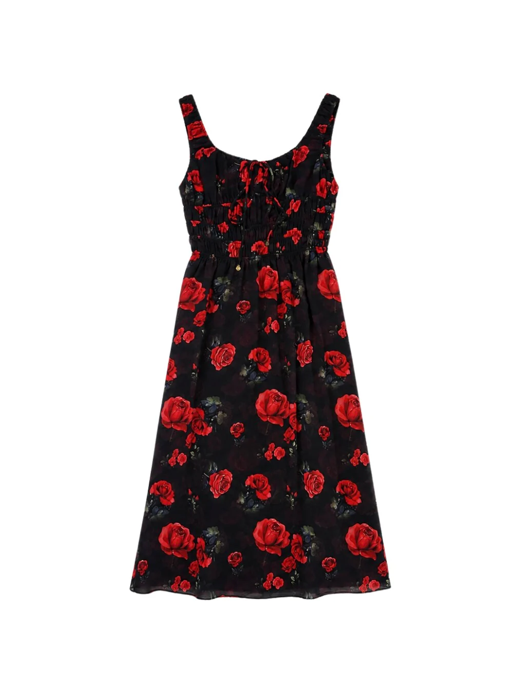 'I HEART NYC' ROSE PRINT SHIRRED BODICE MIDI DRESS BLACK MULTI - Image 3