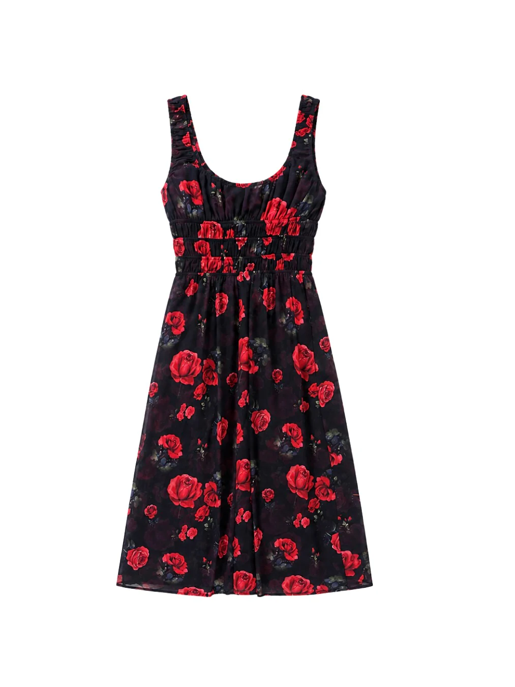 'I HEART NYC' ROSE PRINT SHIRRED BODICE MIDI DRESS BLACK MULTI - Image 5