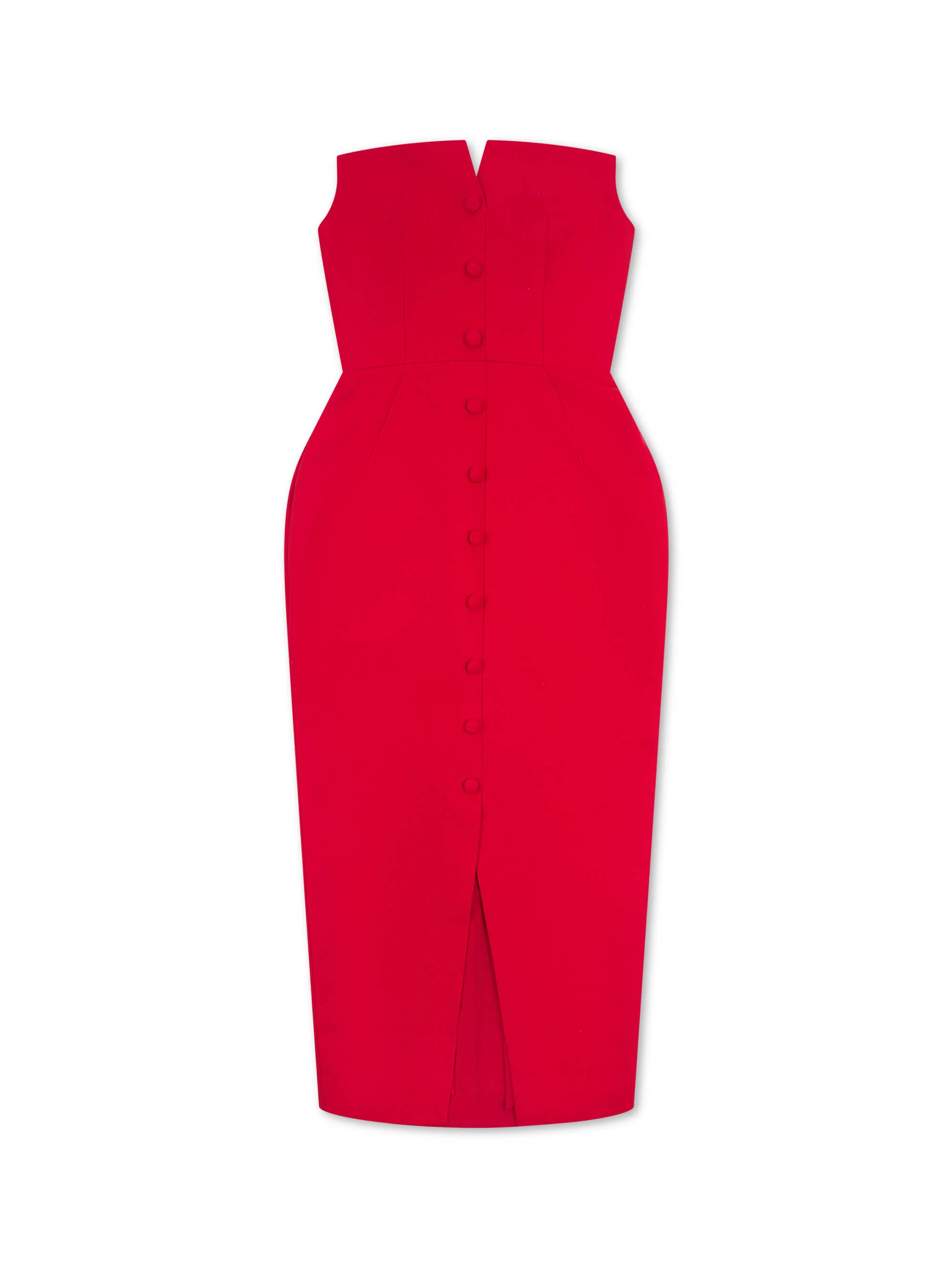 'MARILYN' EXAGGERATED SQUARE BANDEAU BUTTON DETAIL MIDI DRESS RED - Image 6