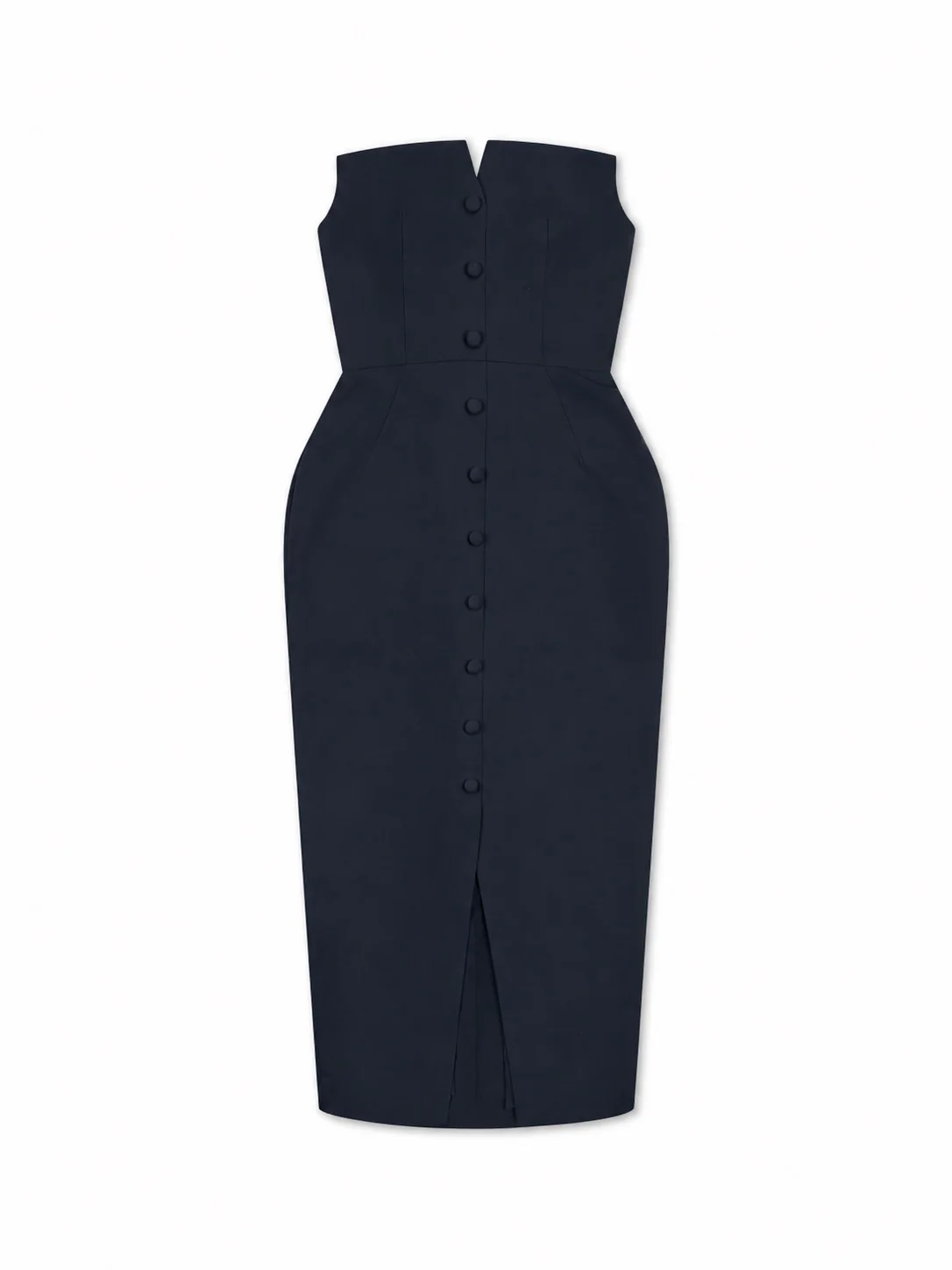'MARILYN' EXAGGERATED SQUARE BANDEAU BUTTON DETAIL MIDI DRESS NAVY - Image 6