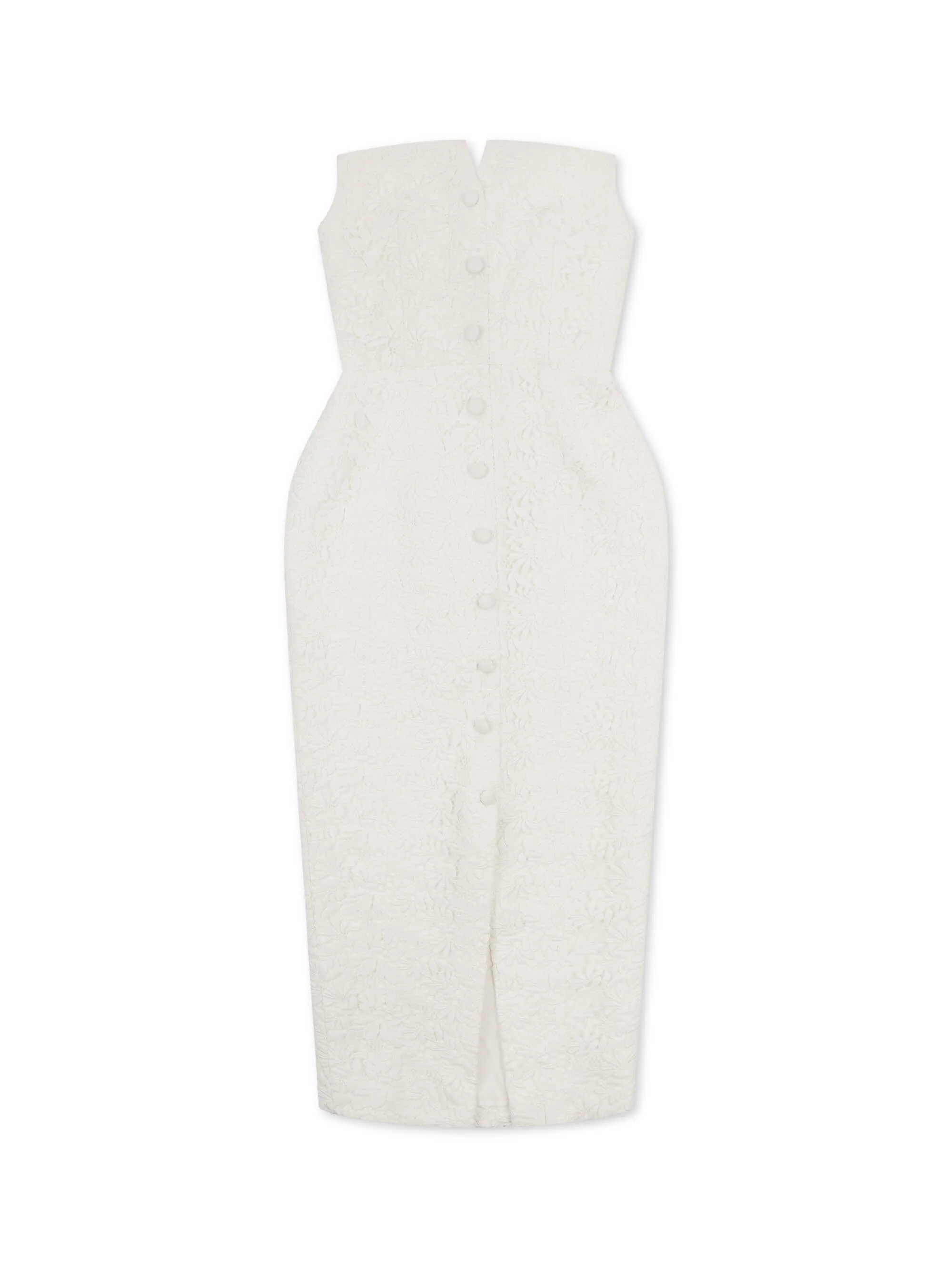 'MARILYN' EXAGGERATED SQUARE BANDEAU BUTTON DETAIL MIDI DRESS WHITE - Image 7