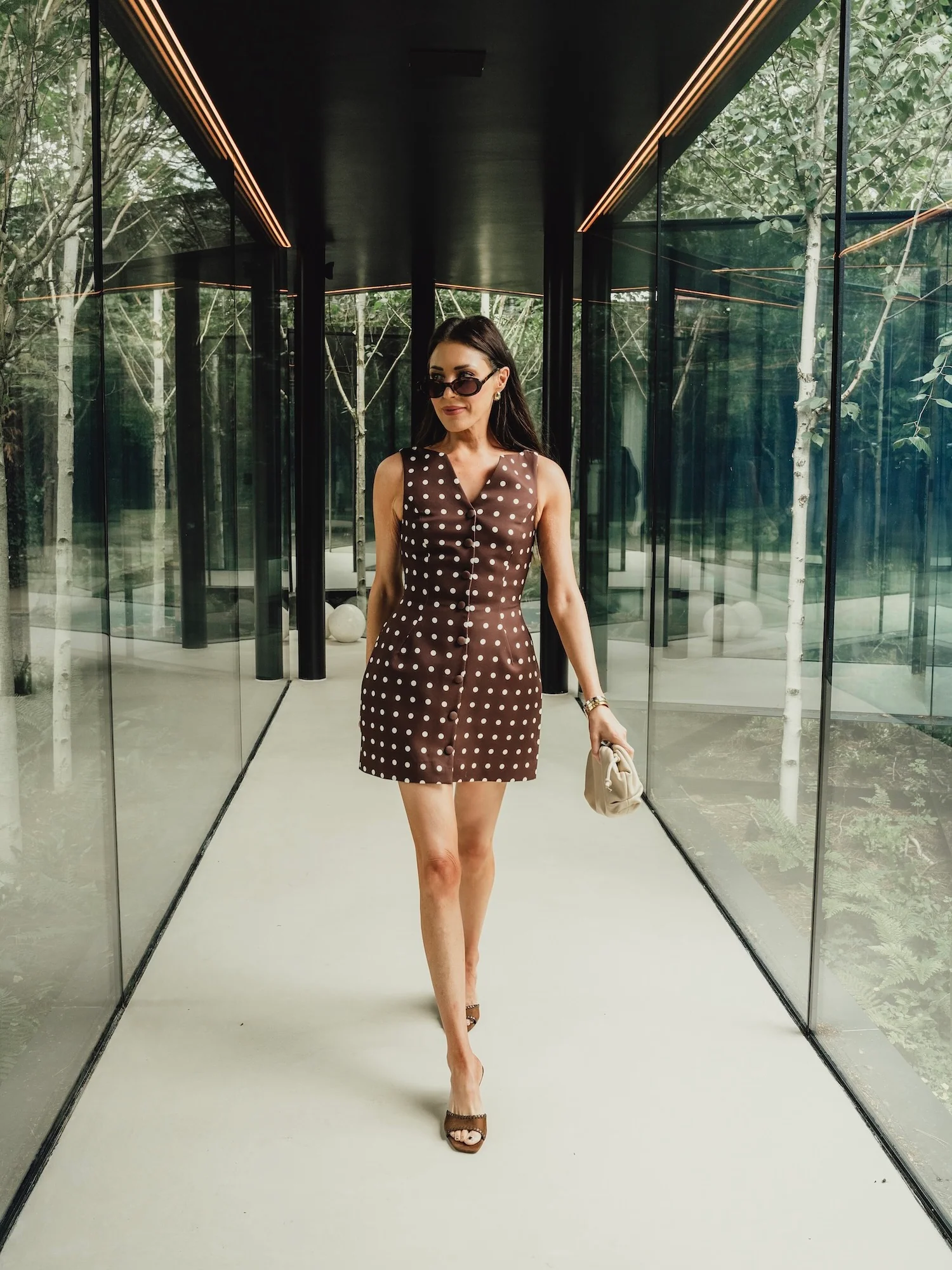 ‘MELROSE’ POLKA DOT BUTTON HOURGLASS MICRO MINI DRESS BROWN - Image 3