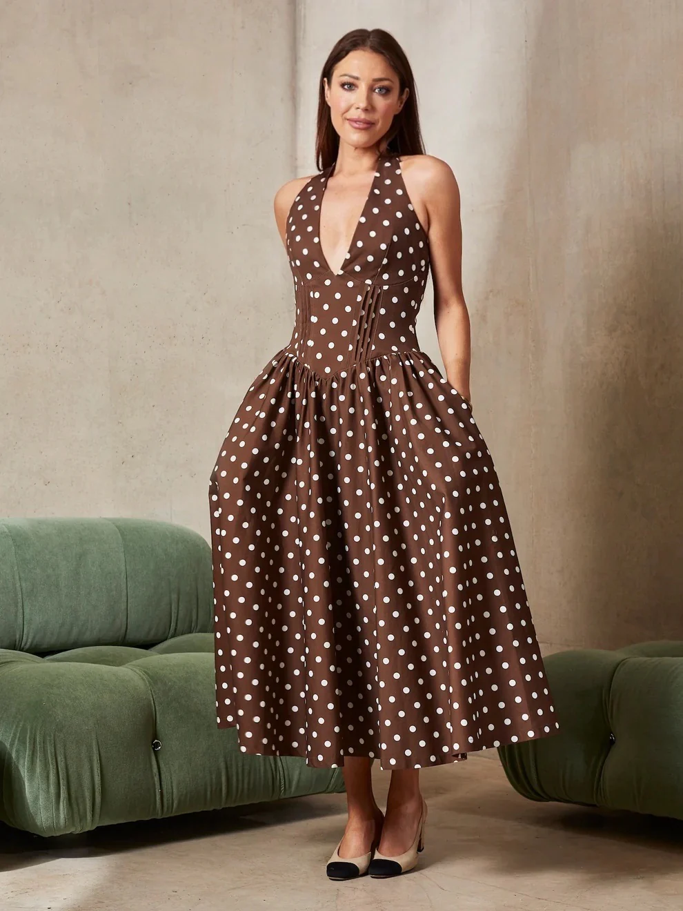 'PRETTY WOMAN' POLKA DOT HALTER NECK CORSET MIDI DRESS BROWN - Image 2