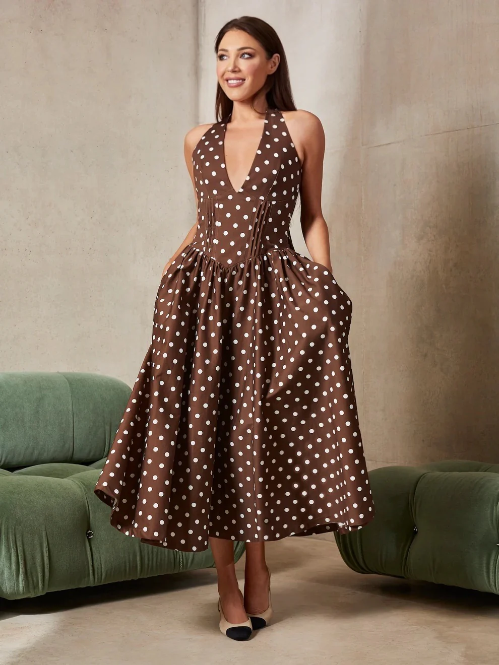 'PRETTY WOMAN' POLKA DOT HALTER NECK CORSET MIDI DRESS BROWN - Image 4