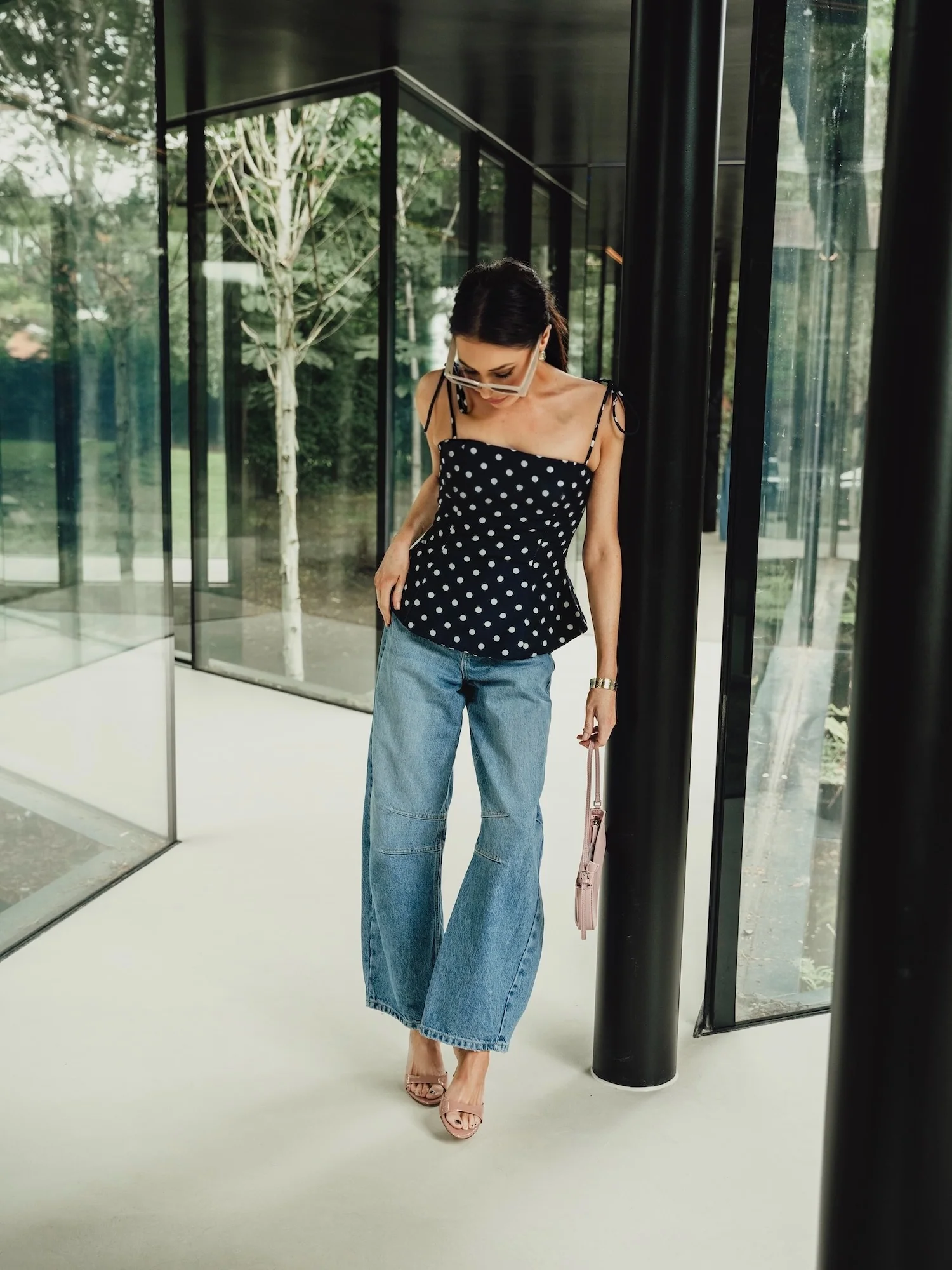 'LOTUS' POLKA DOT SQUARE NECK PEPHEM TOP NAVY - Image 2