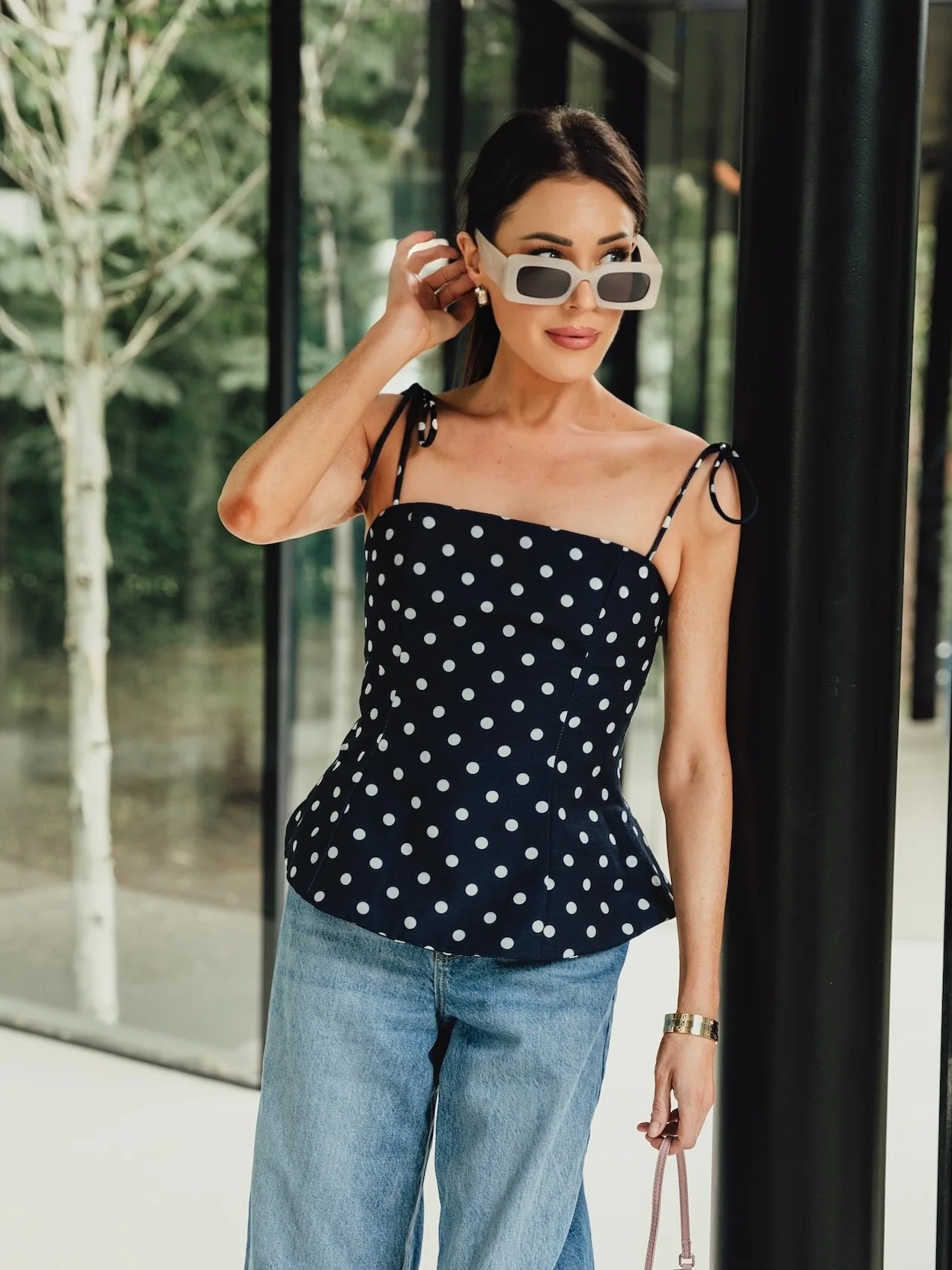 'LOTUS' POLKA DOT SQUARE NECK PEPHEM TOP NAVY - Image 3